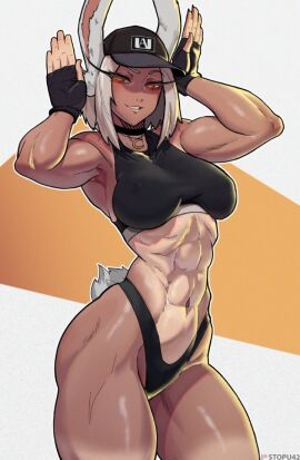 1girls 2d abs big_breasts boku_no_hero_academia breasts bunny_tail cap clothed clothing dark-skinned_female dark_skin digital_drawing_(artwork) female female_focus hat image looking_at_viewer mirko miruko muscular muscular_female my_hero_academia rabbit rabbit_ears rumi_usagiyama short_hair six_pack solo solo_female solo_focus stopu tagme visible_nipples white_hair
