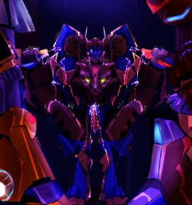 anthro balls bumblebee_(transformers) cheetah cheetor claws cum cum_on_body cybertronian double_handjob ejaculation fangs felid feline gay genitals green_eyes group handjob headgear helmet horn horned_helmet hot_rod leydraw machine male male/male mammal penile penis robot smile spots tagme transformers transformers:cyberverse trio