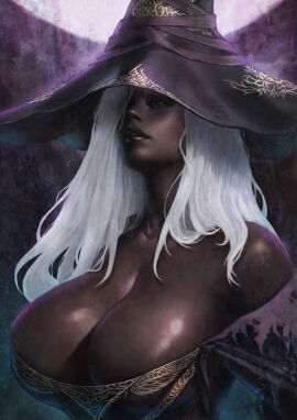 1girls absurdres bare_shoulders black_lips black_skin body_freckles breasts cleavage colored_skin commentary dark-skinned_female dark_skin dress elden_ring elden_ring_nightreign english_commentary eyelashes female freckles fromsoftware hair_over_one_eye hat highres huge_breasts large_hat long_hair monori_rogue monorirogue moon off-shoulder_dress off_shoulder paid_reward_available parted_lips realistic recluse_(nightreign) solo strapless upper_body very_dark_skin white_hair witch_hat