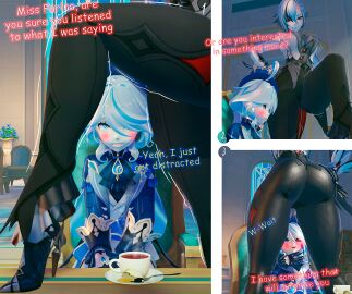 3d arlecchino_(genshin_impact) ass bansimp big_ass big_breasts blue_eyes blush breasts comic comic_page fatui female furina_(genshin_impact) genshin_impact hat huge_ass tagme text thick_ass thick_thighs thighs