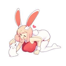 1girls all_fours animal big_breasts breasts bunny bunny_ears bunny_girl bunny_tail closed_eyes female female_only fiz fizintine heart hi_res original pink_hair smile thighhighs white_background white_thighhighs wholesome wristband
