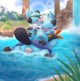 absurd_res anal anal_sex andyocelot anthro anthro_on_anthro anthro_penetrated anthro_penetrating anthro_penetrating_anthro ass balls blue_body blue_fur blush bodily_fluids cum cum_in_ass cum_inside dewott duo eye_patch eyewear fur generation_5_pokemon genital_fluids genitals hi_res legs_in_water male male/male male_penetrated male_penetrating male_penetrating_male nintendo outside penetration penis pokemon pokemon_(species) sex spearmint_iv_the_dewott tongue tongue_out water waterfall