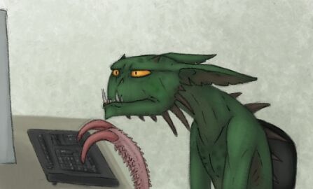 anthro desk erection fangs furniture genitals green_body keyboard male male_only minion_(overlord) overlord_(game_series) penis ramul sitting solo table teeth typing unusual_anatomy unusual_genitalia unusual_penis yellow_eyes yellow_sclera