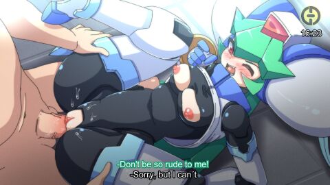 1boy android armor black_bodysuit blush bodysuit bodysuit_under_clothes boots breast_cutout breasts clothed_female_nude_male commentary_request english_text female forehead_jewel godichi green_hair helmet highres long_hair lying male medium_breasts mega_man mega_man_zx missionary model_w_(mega_man) nipples nude on_back on_floor one_eye_closed open_mouth pandora_(mega_man) penis power_armor pussy pussy_cutout red_eyes robot_girl sex spread_legs straight subtitled thigh_boots tile_floor tiles timestamp uncensored white_armor white_helmet