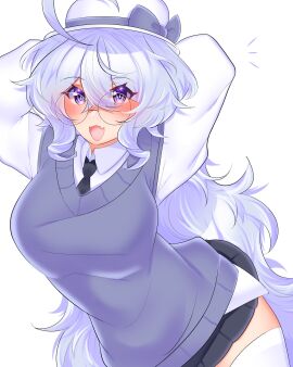 ass big_breasts blue_hair blush breasts female glasses inviting open_mouth plump_breasts raised_arm remiune snowiries teasing thick_ass thick_thighs white_skirt