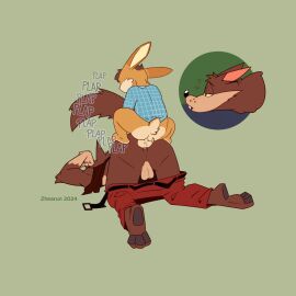 anal anal_sex anthro anthro_on_anthro anthro_penetrated anthro_penetrating anthro_penetrating_anthro ass balls balls_deep billy_buns bottomless bottomwear bottomwear_down brown_body brown_fur canid canine canis clothed clothing duo fangs from_behind_position fur gay gay_male genitals hank_howell_(piti_yindee) hi_res interspecies lagomorph larger_penetrated leporid male male/male male_penetrated male_penetrating male_penetrating_male mammal pants pants_down partially_clothed penetration penile penile_penetration penis penis_in_ass perching_position plap prey_dom_predator_sub prey_penetrating_predator rabbit rear_view sex simple_background size_difference small_dom_big_sub teeth wolf yaoi zhearun