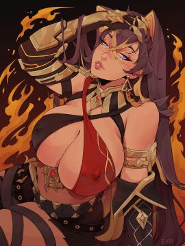 1girls blue_eyes breasts brown_hair curvaceous curvy curvy_body curvy_female curvy_figure dehya_(genshin_impact) emmanuel_viola evviart female female_only genshin_impact hourglass_figure huge_breasts light-skinned_female light_skin solo solo_female voluptuous voluptuous_female