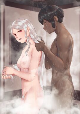 1boy absurdres black_hair brown_eyes completely_nude couple dark_skin female female_pubic_hair gotuya grey_hair haven_(game) highres kay_(haven) long_hair looking_at_another male male_pubic_hair mixed-sex_bathing nude pubic_hair scar scar_on_face shared_bathing short_hair shower_(place) steam straight washing_another wet wet_hair white_pubic_hair yu_(haven)