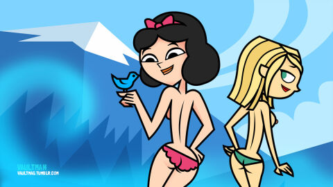 2d 2girls accurate_art_style alternate_version ass bikini bird black_hair blonde_hair bra breasts color ella_(tdi) exposed_breasts female female_only fresh_tv green_panties multiple_females multiple_girls panties pink_panties samey_(tdi) topless topless_female total_drama:_pahkitew_island total_drama_(series) total_drama_island vaultman