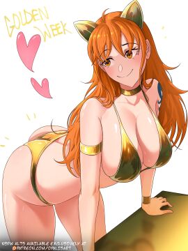 1girls absurdres ahoge animal_ears arm_rest arm_tattoo ass bent_over bikini bikini_bottom blue_tattoo breasts brown_eyes cat_ears cleavage female gold_bikini gold_choker golden_week heart highres large_breasts nami_(one_piece) one_piece opalis opalisart orange-haired_female orange_hair simple_background smile solo swimsuit table tattoo white_background