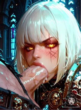 1boy 1girls adepta_sororitas ai_animation ai_generated alberist armored_female bangs bob_cut church close-up clothed cum cum_in_mouth deepthroat facial_scar fellatio glowing_eyes large_penis looking_at_viewer penis saliva scar scar_over_eye solo_focus straight tagme teeth thick_lips tongue veiny_penis video warhammer_40k white_hair yellow_eyes