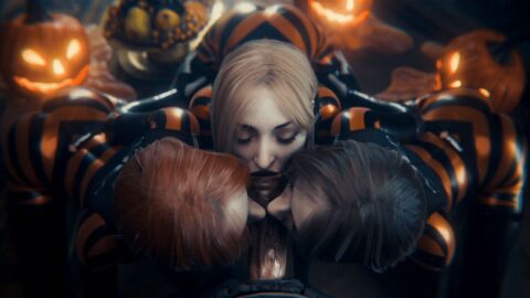1boy 3d 3girls bela_(resident_evil) big_ass big_penis bitch black_hair blonde_hair blowjob blowjob_sandwich bodysuit cassandra_(resident_evil) curvy_female daniela_(resident_evil) gif gifdoozer halloween horny_female huge_cock latex_bodysuit latex_clothing pale-skinned_female pumpkin red_hair resident_evil resident_evil_8:_village slut sluts straight sucking sucking_penis tight_clothing triple_blowjob