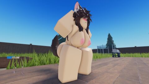 1girls 3d 3d_(artwork) ;3 animal_ears areolae arms_behind_head ass barefoot big_ass big_breasts blush breasts brown_hair completely_nude female female_only full_body long_hair naked naked_female nipples nude nude_female one_eye_closed outdoors outside roblox robloxian smile solo solo_female squatting tail that_rel wink