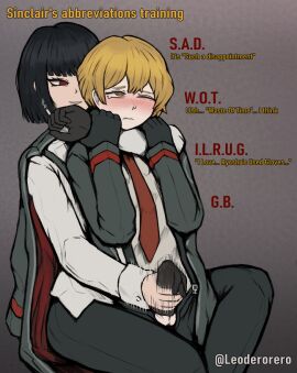 female femdom gloved_handjob handjob headlock leoderorero limbus_company male penis project_moon ryoshu_(limbus_company) sinclair_(limbus_company) small_penis small_penis_adoration small_penis_humiliation smoking