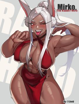 1girls abs bare_arms bare_legs bare_shoulders bare_thighs big_breasts blush breasts bunny_ears bunny_girl clothed clothing color dark-skinned_female dark_skin dress female female_focus female_only fit_female hi_res large_breasts lloid long_hair looking_at_viewer mirko miruko muscles muscular muscular_arms muscular_female muscular_legs muscular_thighs my_hero_academia red_eyes rumi_usagiyama solo solo_female sweat tagme thick_thighs tongue tongue_out white_hair