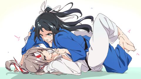 2girls belt black_hair blue_eyes brown_eyes camouflage catfight competitive_sex feet female fighting footsie furisode glaring grey_hair hachimaki hair_ribbon headband high_ponytail highres interlocked_fingers interlocked_toes japanese_clothes judo kantai_collection katsuragi_(kantai_collection) kimono long_hair looking_at_another loose_clothes martial_arts_belt multiple_females multiple_girls obi on_ground ponytail ribbon sash sexfight tribadism umanosuke yuri zuihou_(kantai_collection)