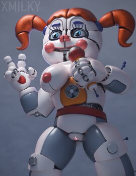 3d accurate_model animatronic baby_(fnafsl) big_breasts blue_eyes breasts circus_baby circus_baby_(fnaf) circus_baby_(original) female female_only five_nights_at_freddy's five_nights_at_freddy's:_sister_location full_color microphone nipples no_penetration nude nude_female orange_hair peace_sign pink_nipples pussy robot robot_girl robot_humanoid solo solo_female thighs twintails vagina white_body x3milky