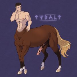 1boy abs animal_genitalia animal_penis balls centaur equid equid_taur equine equine_genitalia equine_penis equine_taur erection european_mythology frankly-art genitals greek_mythology hi_res hooves horseshoe human humanoid humanoid_taur male male_focus male_only mammal mammal_taur mottled muscular muscular_male mythology navel nipples pecs penis shy solo solo_focus solo_male taur tybalt_(frankly-art) undercut undercut_hair