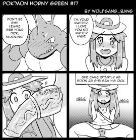 1boy 1girls blush comic english_text female female_orgasm hat leaf_(pokemon) looking_at_penis male monochrome nidoking orgasm penis penis_awe pokemon pokemon_(species) pokemon_frlg pokemon_horny_green pokephilia pokémon_(species) pussy speech_bubble text wet_pussy wolfgang_bang
