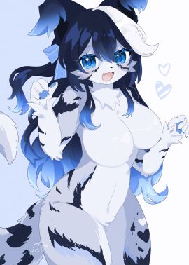 blue_eyes breasts fangs female fur furry furry_only grey_fur hoshimiii_mi no_nipples nude