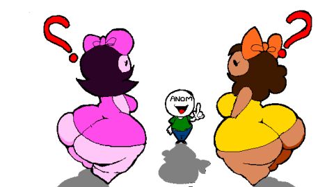 1boy 2girls anon antisuwo antisuwo_(artist) ass big_ass breasts brown_skin bun_buntv chubby chubby_female competition female friday_night_funkin girl_(sock.clip) jesse_(antisuwo) male medium_breasts pink_pants pink_shirt question_mark simple_background small_breasts suggestive yellow_dress