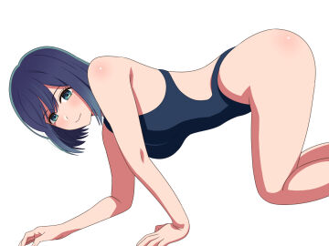 1girls all_fours ass bare_arms bare_ass bare_back bare_legs bare_shoulders bare_skin bare_thighs black_swimsuit black_swimwear blue-eyed_female blue-haired_female blue_eyes blue_hair blush breasts dot_nose elbows female female_focus female_only fingernails fingers full_body hair_between_eyes knees kurokawa_akane legs light-skinned_female light_skin looking_at_viewer medium_breasts oshi_no_ko school_swimsuit short_hair shoulders sideboob simple_background slender_body slender_waist slim_female slim_waist smile smiling smiling_at_viewer solo student swimsuit swimwear teenager thick_ass thick_thighs thighs thin_waist user_hdsm2884 white_background