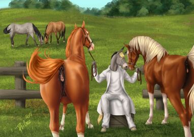 2018 animal_genitalia animal_pussy anthro anus asinus biped black_mane black_tail blonde_hair blue_sky bottomwear breasts brown_body closed_eyes clothed clothing coat crotchboobs crotchboobs_visible_through_thighs dated donkey equid equine equine_anus equine_genitalia equine_pussy female fence feral front_view genitals grass grey_body group hair horse male mammal mane mouth_closed orange_body orange_mane orange_tail outside pants plant pussy quadruped rear_view rufciu shirt side_view signature sitting sky tail tan_mane tan_tail topwear tree trio_focus white_bottomwear white_clothing white_coat white_pants white_shirt white_topwear