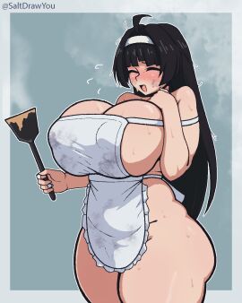 1girls apron apron_only astra_yao big_breasts black_hair blush breasts cleavage closed_eyes female female_only hair handwear holding_object huge_breasts long_hair naked_apron nipple_bulge saltdrawyou smile solo solo_female steam steamy sweat sweatdrop thick_thighs thighs white_apron zenless_zone_zero