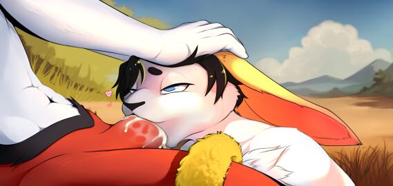 anthro biped black_hair blue_eyes blush bodily_fluids cinderace cum cum_in_mouth cum_inside cum_on_penis deepthroat duo erection fellatio field_background fur generation_8_pokemon genital_fluids genitals grass hair half-closed_eyes head_grab heart_symbol hi_res lagomorph leporid male male/male male_penetrated male_penetrating male_penetrating_male mammal narrowed_eyes nature nature_background nintendo nude open_mouth oral oral_penetration outside penetration penile penis plant pokemon pokemon_(species) rabbit sex sitting sky tail tree white_body white_fur zunno_furr