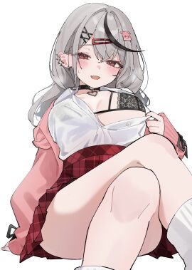 1girls black_bra black_hair blush bra breasts clothed clothing dareka_(dareka3ab) eyebrows_visible_through_hair female female_only grey_hair hair_ornament hololive hololive_japan holox inviting light-skinned_female light_skin looking_at_viewer presenting presenting_breasts red_eyes sakamata_chloe seductive see-through see-through_clothing see-through_top showing_breasts skirt solo tempting two-tone_hair virtual_youtuber