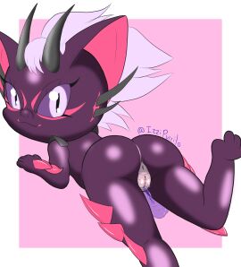 anthro ass balls bent_over bodily_fluids cuntboy dragon femboy genital_fluids genitals grin hi_res horn humanoid intersex izzipurrito looking_at_viewer looking_back lying male markings mythological_creature mythological_scalie mythology on_front peeing pink_horn purple_body purple_eyes pussy raised_leg scales scalie smile solo spikes tagme urine wetting