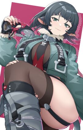 1girls absurdres animal_ear_piercing animal_ears black_gloves black_hair black_thighhighs boots breasts closed_mouth commentary cropped_jacket dagger female fingerless_gloves fur-trimmed_jacket fur_trim garter_straps gloves green_eyes green_jacket grey_boots highres holding holding_dagger holding_knife holding_weapon jacket jane_doe_(zenless_zone_zero) kirima_(user_danf8787) knife large_breasts long_sleeves looking_at_viewer mouse_ears mouse_girl mouse_tail open_clothes open_jacket red_nails short_hair solo tail thighhighs thighs torn_clothes torn_thighhighs weapon zenless_zone_zero