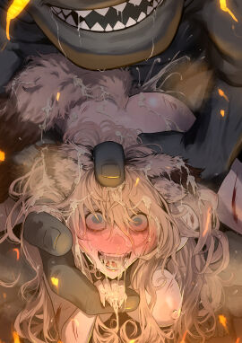 absurdres ape arm_grab arm_held_back blonde_hair blue_hair blush breasts completely_nude crying crying_with_eyes_open cum defeat female freckles haplorhine injury long_hair medium_breasts monster nipples nude open_mouth primate pussy red_eyes restrained ryona sex sex_from_behind shitappa0120 size_difference straight tears torn_clothes vaginal_penetration zoophilia