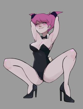 1girls 2d aldorian armpits arms_behind_head bunny_ears bunny_girl bunny_girl_suit bunnysuit clothed clothed_female clothing color curvaceous curvaceous_female curvaceous_figure curvy curvy_figure curvy_hips dc dc_comics female female_only high_heels jinx_(dc) leotard non-nude pink_hair playboy_bunny playboy_bunny_leotard pumps short_hair simple_background solo squatting strapless_leotard teen_titans
