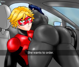 1boy 1girls adrien_agreste artist_name ass big_ass disney disney_channel dladiator english_text female inside_car lady_noir ladynoir ladynoir_(character) male marinette_dupain-cheng miraculous_ladybug mister_bug she_wants_to_order snapchat tagme text thick_thighs tight_clothing