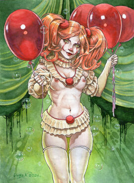 1girls 2020s 2021 balloon breasts bubble bubbles clown clown_girl female genderswap genderswap_(mtf) green_eyes it looking_at_viewer makeup medium_breasts orange_hair pennywise rule_63 standing stephen_king topless tulpa twintails yuranart
