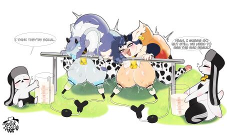 2024 4_toes absurd_res ahe_gao alien animal_print anthro anthro_only areola avian bell bell_collar big_breasts blue_areola blue_body blue_nipples blush blush_lines bodily_fluids breast_milking breasts collar cow_print cow_print_armwear cow_print_legwear cow_print_thigh_highs cowbell crossgender drunkrussianman ear_piercing ear_tag english_text feet female grass group gryphon heart_eyes heart_symbol hi_res inno-sjoa_(character) kneeling lactating lagomorph looking_pleasured machine mammal milk milk_container milking_machine mollusk mtf_crossgender mythological_avian mythological_creature mythology nipples pawpads piercing plant poldy scalie signature simple_background speech_bubble sweat tan_areola tan_body tan_nipples text toes white_background