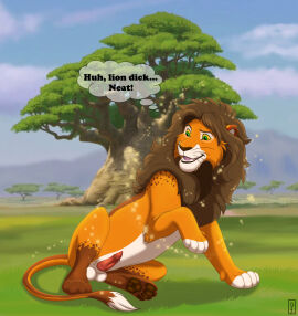 animal_genitalia animal_penis balls casual_erection cheek_tuft digital_media_(artwork) english_text erection facial_tuft fangs felid feline_genitalia feline_penis feral fur genitals happy hi_res landscape lion male mammal mane nature open_mouth orange_body orange_fur outside pantherine pawpads paws penile_spines penis priestofjashin raised_leg savanna sheath signature sitting smile solo sparkles tail teeth text thought_bubble tuft whiskers