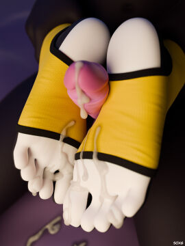 3d absurd_res after_orgasm anthro bed_sheet bedding black_body black_fur blender_cycles bodily_fluids clothing countershade_feet countershading cum cum_on_feet digital_media_(artwork) duo feet foot_fetish foot_play footjob fur genital_fluids genitals hi_res leg_warmers legwear male penis pink_penis plantigrade sex soles sox6 stirrup_leg_warmers toes watermark white_body white_skin yellow_clothing yellow_leg_warmers yellow_legwear