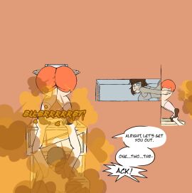 1girls accidental_fart ass_up big_breasts breasts bubble_butt cleavage crop_top fart fart_cloud fart_fetish farting fast_food_employee female hooters_(parody) hooters_uniform joanne_(mrtomato8224) mrtomato8224 pulling_leg shorts stuck stuck_in_vent tomboy vent waitress