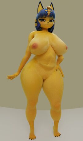2020s 2025 3d 3d_(artwork) animal_crossing ankha ankha_(animal_crossing) anthro anthro_female big_breasts blue_hair breasts female hips large_boobs large_breasts looking_at_viewer naked naked_female nintendo nude nude_female nudity shwazy3d standing thick_thighs thighs wide_hips yellow_body yellow_fur