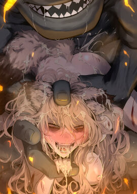 absurdres ape arm_grab arm_held_back blonde_hair blue_hair blush breasts completely_nude crying crying_with_eyes_open cum defeat female freckles haplorhine injury long_hair medium_breasts monster nipples nude open_mouth primate pussy red_eyes restrained ryona sex sex_from_behind shitappa0120 size_difference straight tears torn_clothes vaginal_penetration zoophilia