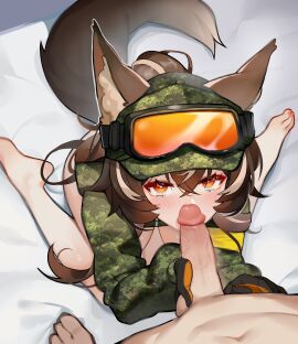 absurdres animal_ears armband blush breasts brown_hair callisto_(greyeth) camouflage camouflage_jacket commission digital_camouflage female fox_ears fox_tail gloves highres jacket kneeling long_hair male multicolored_hair ninai original penis streaked_hair tail uncensored variant_set