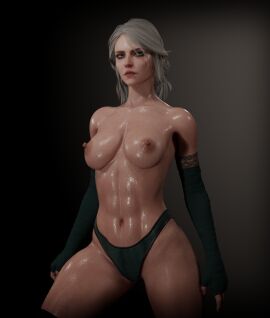 3d breasts cd_projekt_red ciri female female_only freckles gloves green_eyes light-skinned_female looking_at_viewer mascara nipples panties scar soboro solo solo_female the_witcher_(series) the_witcher_3:_wild_hunt wet_body white_hair