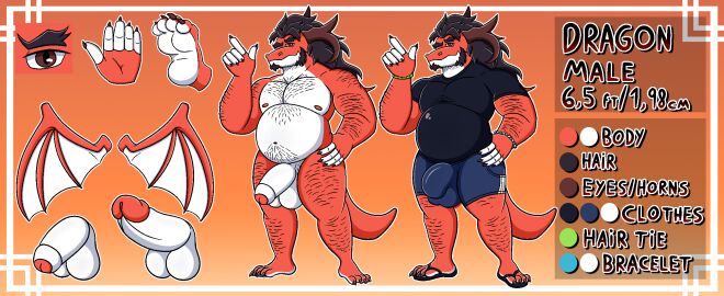 2024 accessory anthro arm_hair balls beard belly belly_hair big_balls big_bulge big_penis blazken_(blazkenzxy) blazkenzxy body_hair bottomwear bracelet brown_eyes bulge chest_hair claws clothed clothing digital_drawing_(artwork) digital_media_(artwork) dragon english_text erection eyebrows facial_hair flaccid footwear foreskin genitals hair hair_accessory hair_tie hairy hi_res horn humanoid_genitalia humanoid_penis jewelry leg_hair looking_at_viewer male model_sheet multicolored_body mythological_creature mythological_scalie mythology nipples nude one_eye_closed overweight overweight_anthro overweight_male penis pose red_body sandals scalie shirt shoes shorts simple_background solo t-shirt tail text thick_eyebrows thick_penis topwear two-tone_body uncircumcised white_body wings wink