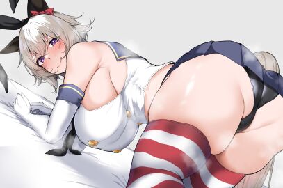 :q absurdres animal_ears ass black_hairband black_panties bow breasts commentary_request commission cosplay curren_chan_(umamusume) ear_bow elbow_gloves female from_behind gloves grey_background grey_hair hairband hanging_breasts highres horse_ears horse_girl horse_tail kantai_collection kshimu large_breasts looking_at_viewer panties purple_eyes red_bow shimakaze_(kancolle) shimakaze_(kancolle)_(cosplay) short_hair skeb_commission solo striped_clothes striped_thighhighs tail thighhighs tongue tongue_out umamusume underwear white_gloves