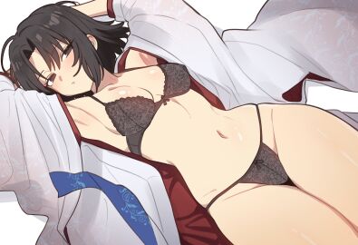 1girls armpits black_eyes black_hair bra breasts cleavage clothed_female commission ebora fate/grand_order fate_(series) female female_focus female_only kimono_open lingerie looking_at_viewer lying medium_breasts narrow_waist navel on_back open_clothes pale_skin panties pose ryougi_shiki short_hair skindentation stomach thighs wide_hips youngmanisdown