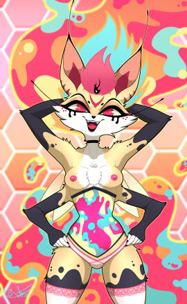 breasts demon demon_girl female fox_ears fox_girl helluva_boss queen queen_bee-lzebub_(helluva_boss) r4x4nclh solo_female vivziepop yellow_skin