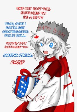 1girls artist_name blue_eyes canada canada_(egobuzz) canada_day cape confused countryhumans dialogue english_text female female_focus female_only imminent_sex lewd_juice looking_at_viewer maple_leaf open_mouth present text white_background white_body white_hair