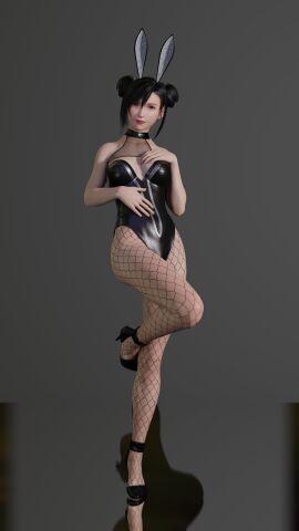 3d 3d_model black_hair black_shoes bunny_ears bunnysuit fake_animal_ears female final_fantasy final_fantasy_vii final_fantasy_vii_remake fishnet_legwear fishnet_pantyhose fishnets fit fit_female hair_buns high_heels lipstick long_hair looking_at_viewer posing posing_for_the_viewer red_eyes red_lipstick reflection simple_background tifa_lockhart